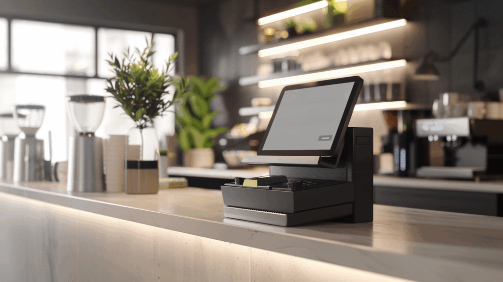 Digitale Kasse mit Touchscreen und Kartenzahlgerät auf einem Tresen.