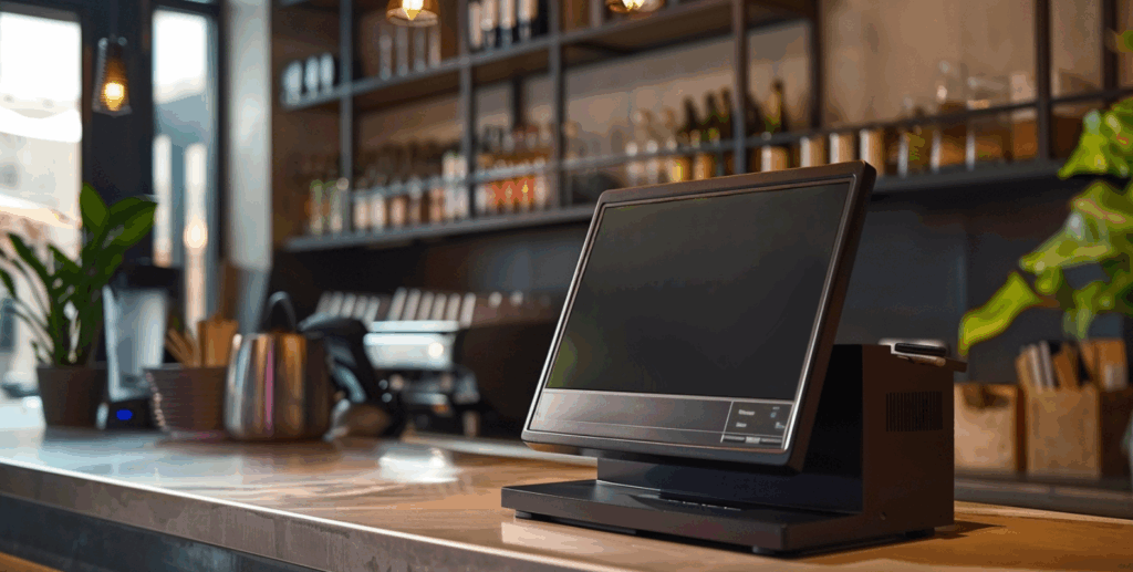 Digitale Kasse mit Touchscreen in einem modernen Restaurant auf einem Tresen